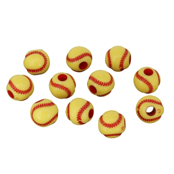 ACRYLIC BEADS - BASEBALL - 12mm YELLOW WITH RED - 50g Hole-3.8mm (67pcs.)