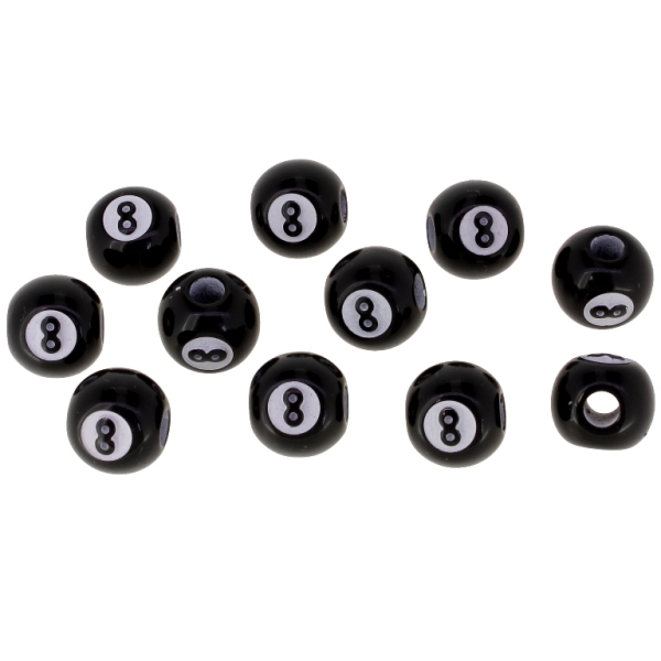 ACRYLIC BEADS - BILLIARD BALL NO 8 - 12mm BLACK WITH WHITE - 50g Hole-3.8mm (60pcs.)