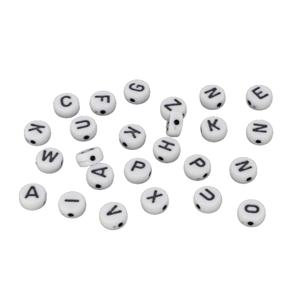 ACRYLIC BEADS - LETTERS - DISK - 7x4mm WHITE WITH BLACK - 50g Hole-1.6mm (355pcs.)