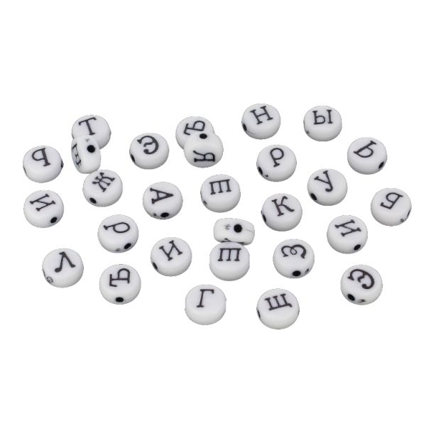 ACRYLIC BEADS - LETTERS - DISK CYRILLIC - 7x4mm WHITE WITH BLACK - PACKAGE 500g Hole-1.6mm (3700pcs.)