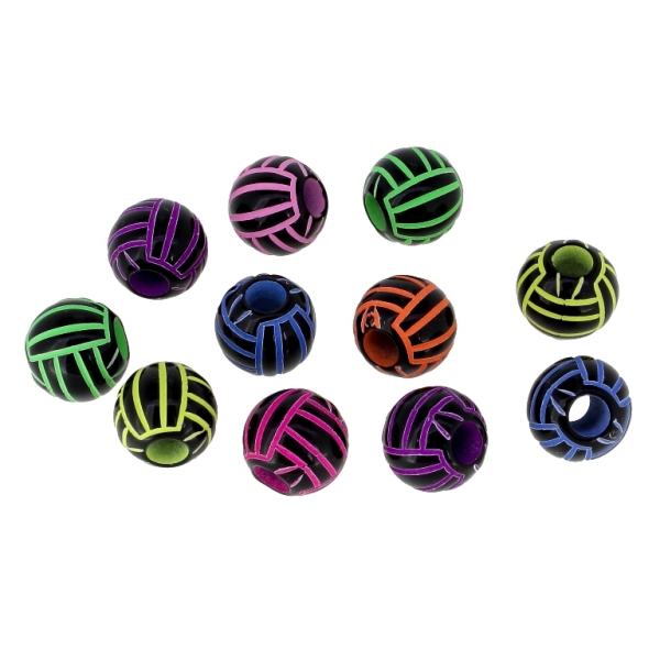 ACRYLIC BEADS - VOLLEYBALL BALL - 12mm BLACK WITH MIX - 50g Hole-4.4mm (72pcs.)