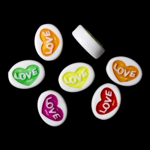 ACRYLIC BEADS - PLATE OVAL HEART WITH LOVE - 12.5x10x5mm MIX (LIGHT) - 50 g Hole-2.5mm (110pcs.)