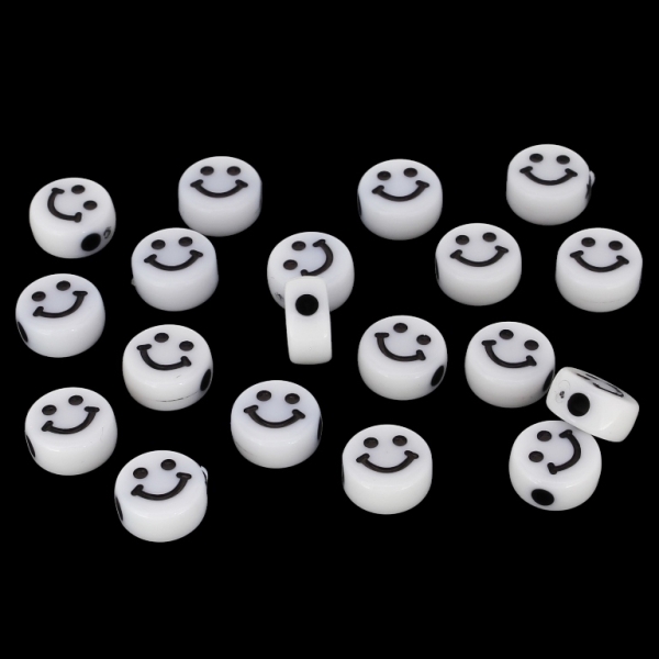 ACRYLIC BEADS - SMILEY FACE - DISK 02 - 10x5mm WHITE WITH BLACK - PACKAGE 500g Hole-2.5mm (1520pcs.)