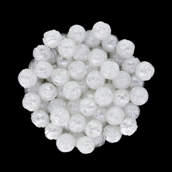 ACRYLIC IMITATION PLASTIC PEARLS EMBOSSED - BALL ROSE - 8mm WHITE - 50g Hole-2.0mm (200pcs.)