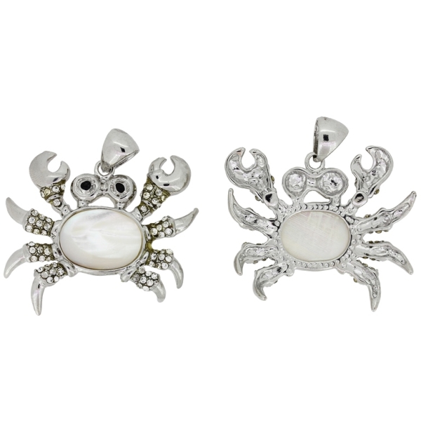 WHITE MOTHER OF PEARL PENDANT - WITH METAL AND CRYSTALS - CRAB 01 - 43x35x4mm - PACKAGE 4pcs. Hole holder-4.8mm