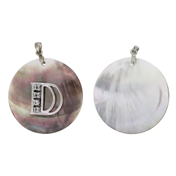 BLACK MOTHER OF PEARL PENDANT - WITH METAL AND CRYSTALS - CIRCLE WITH LETTER D - 36x7mm - PACKAGE 4pcs. Hole holder-3.0mm