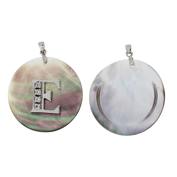 BLACK MOTHER OF PEARL PENDANT - WITH METAL AND CRYSTALS - CIRCLE WITH LETTER E - 36x7mm - PACKAGE 4pcs. Hole holder-3.0mm