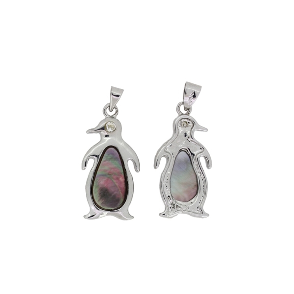 BLACK MOTHER OF PEARL PENDANT - WITH METAL AND CRYSTALS - PENGUIN 01 - 15x30x3mm - PACKAGE 4pcs. Hole holder-4.0mm