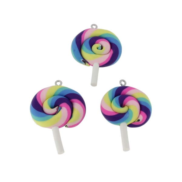 PLASTIC BEADS - RESIN 3D - PENDANTS - SUGAR LOLLIPOP 02 - 28x47x7mm WHITE AND RAINBOW - 2pcs. Hole-2.2mm