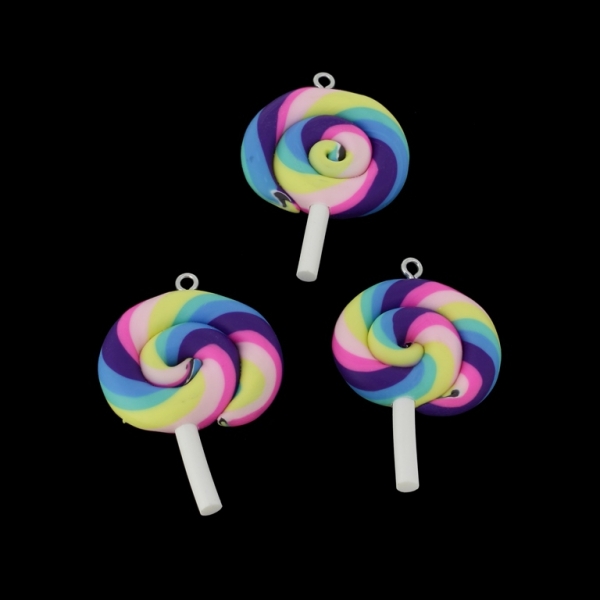 PLASTIC BEADS - RESIN 3D - PENDANTS - SUGAR LOLLIPOP 02 - 28x47x7mm WHITE AND RAINBOW - 2pcs. Hole-2.2mm