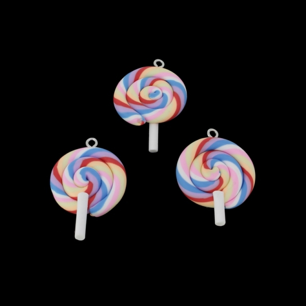 PLASTIC BEADS - RESIN 3D - PENDANTS - SUGAR LOLLIPOP 03 - 26x36x5mm WHITE AND COLORFUL - 2pcs. Hole-2.2mm