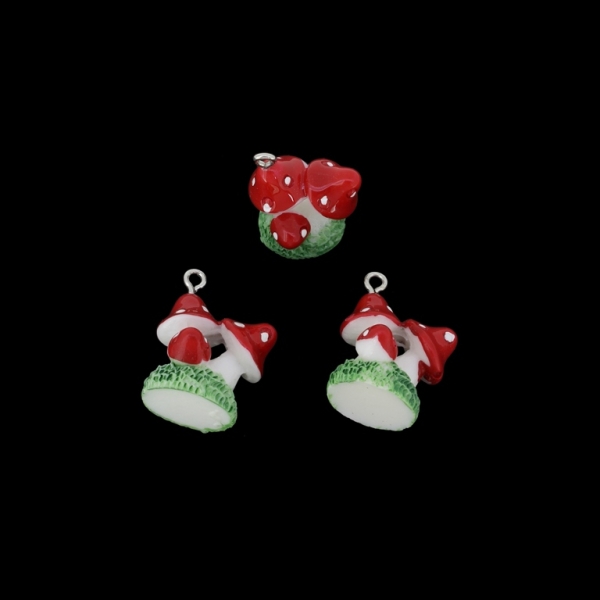 PLASTIC BEADS - RESIN 3D - PENDANTS - MUSHROOMS 01 - 18x24x15mm WHITE-RED-GREEN - 2pcs. Hole-2.2mm