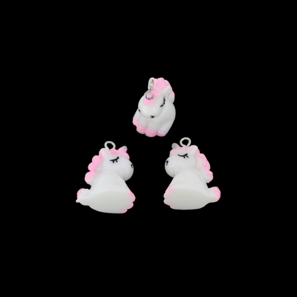 PLASTIC BEADS - RESIN 3D - PENDANTS - UNICORN 03 - 18x25x13mm WHITE AND PINK ELECTRICAL - PACKAGE 20pcs. Hole-2.2mm