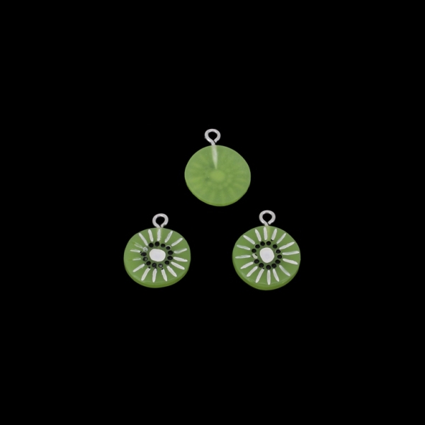 PLASTIC BEADS - RESIN 3D - PENDANTS - KIWI 01 - 16x21x3mm GREEN AND WHITE - 2pcs. Hole-2.2mm