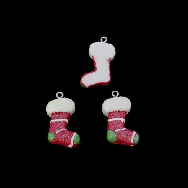 PLASTIC BEADS - RESIN 3D - PENDANTS - CHRISTMAS SOCK 01 - 17x29x7mm RED AND ECRU - PACKAGE 30pcs. Hole-2.2mm