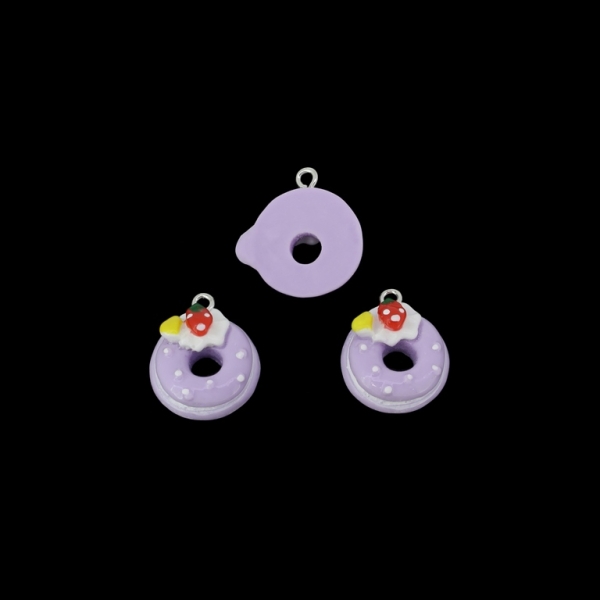 PLASTIC BEADS - RESIN 3D - PENDANTS - DONUT WITH STRAWBERRY - 18x22x9mm PURPLE (LIGHT) AND RED - 2pcs. Hole-2.2mm