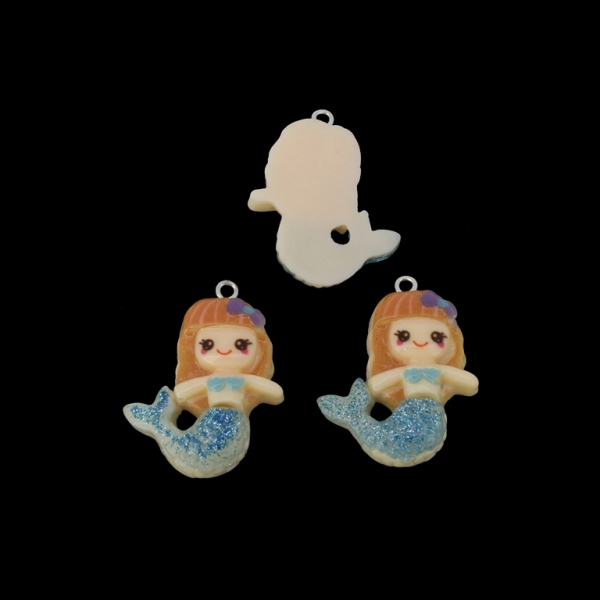 PLASTIC BEADS - RESIN 3D - PENDANTS - MERMAID 01 - 26x34x7mm BROWN (LIGHT) AND TURQUOISE - PACKAGE 30pcs. Hole-2.2mm