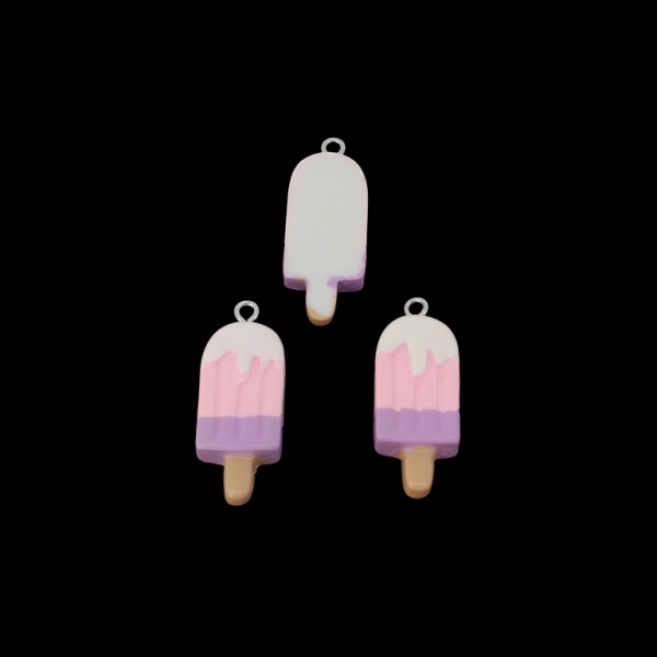 PLASTIC BEADS - RESIN 3D - PENDANTS - ICE CREAM ON STICK 01 - 13x32x5mm PINK-PURPLE-WHITE - 2pcs. Hole-2.2mm