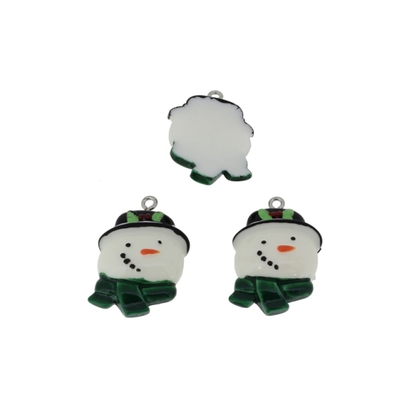 PLASTIC BEADS - RESIN 3D - PENDANTS - SNOWMAN 03 - 21x31x8mm WHITE AND GREEN (DARK) - 2pcs. Hole-2.2mm