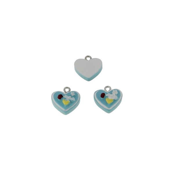 PLASTIC BEADS - RESIN 3D - PENDANTS - CAKE HEART 02 - 16x16x8mm TURQUOISE AND WHITE - 2pcs. Hole-2.2mm