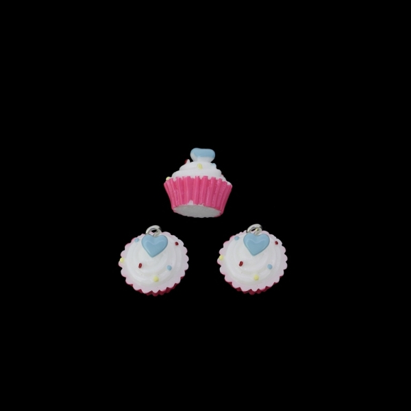 PLASTIC BEADS - RESIN 3D - PENDANTS - CUPCAKE WITH HEART 02 - 16x16mm PINK (DARK)-WHITE-BLUE - PACKAGE 30pcs. Hole-2.2mm