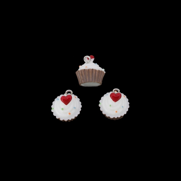 PLASTIC BEADS - RESIN 3D - PENDANTS - CUPCAKE WITH HEART 02 - 16x16mm BROWN (LIGHT)-WHITE-RED - 2pcs. Hole-2.2mm