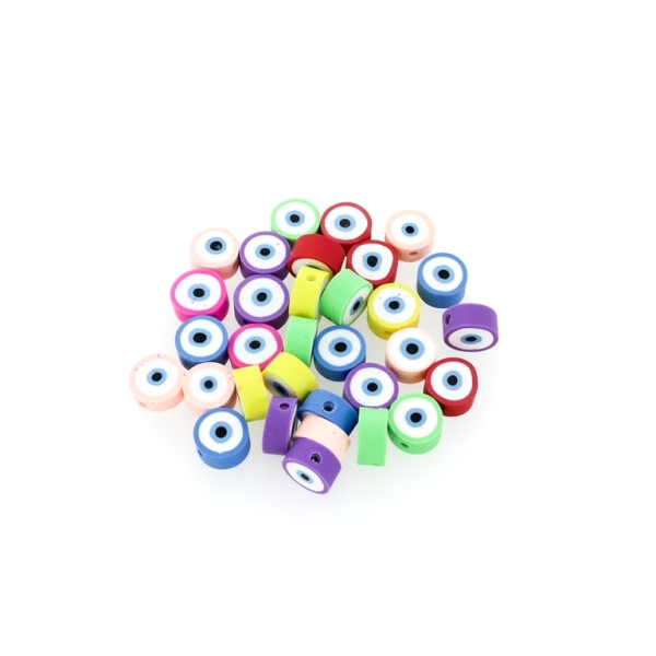 POLYMER CLAY FIMO BEADS - DISK EVIL EYE 01 - 9-10x4-5mm MIX COLORS - 50pcs. Hole-2.5mm