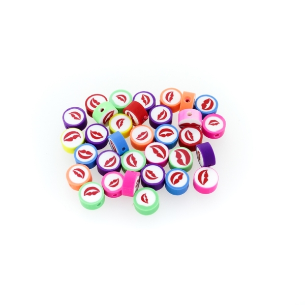 POLYMER CLAY FIMO BEADS - DISK LIPS 01 - 9-10x4-5mm MIX COLORS - 50pcs. Hole-2.5mm