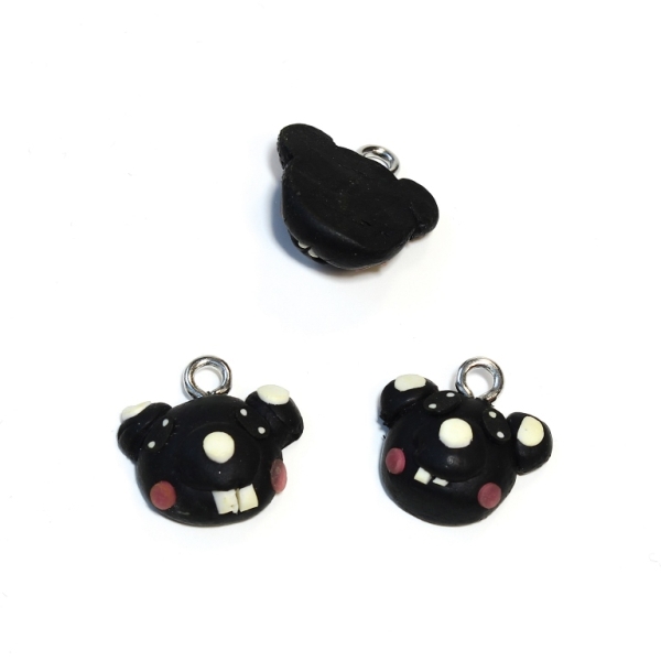 POLYMER CLAY FIMO BEADS - PENDANT - MOUSE 01 - 18х17х8mm BLACK-PINK-ECRU - 1 pc. Hole-2.6mm