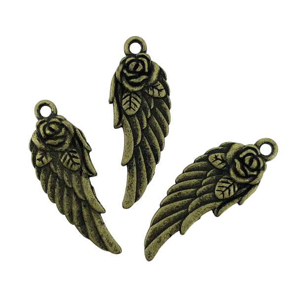 METAL BEADS - PENDANT - ANGEL WING WITH ROSE - 11.5x31x4mm ANTIQUE BRONZE - 5pcs. Hole-2.0mm