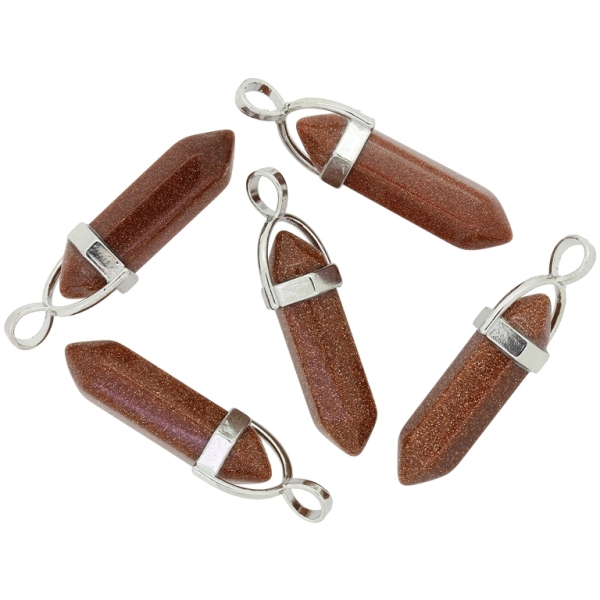 NATURAL STONE PENDANT - HEXAGON 02 - 43x13mm - AVENTURINE BROWN - SILVER HARDWARE - PACKAGE 5pcs. Hole-4.5mm