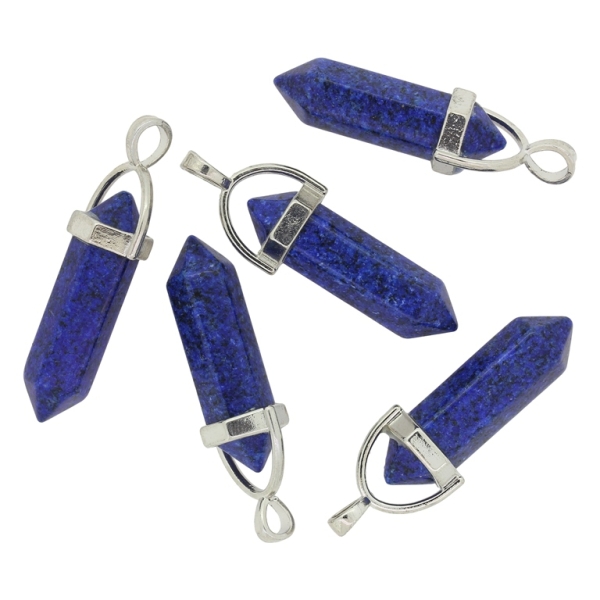 NATURAL STONE PENDANT - HEXAGON 02 - 43x13mm - LAZURITE BLUE - SILVER HARDWARE - PACKAGE 5pcs. Hole-4.5mm