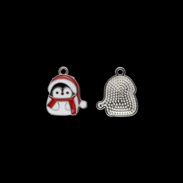 METAL BEADS WITH ENAMEL - PENDANT - PENGUIN 02 - 17x20x3mm NICKEL AND WHITE-RED - PACKAGE 40pcs. Hole-1.8mm