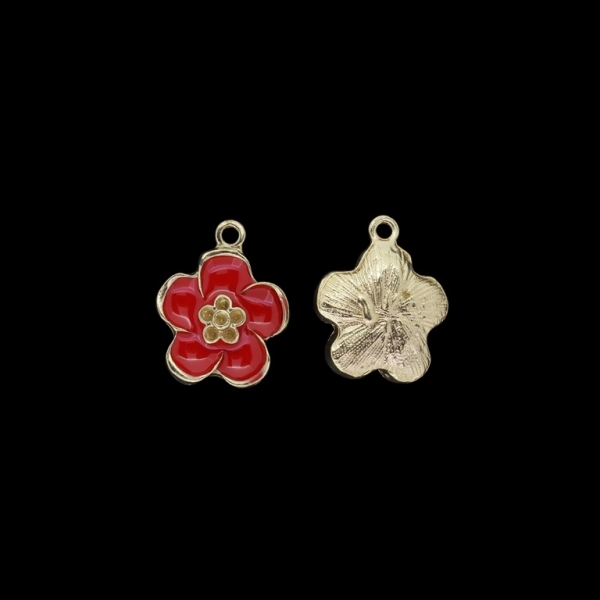 METAL BEADS WITH ENAMEL - PENDANT - FLOWER 25 - 17x21x5mm GOLD 03 AND RED - PACKAGE 30pcs. Hole-2.0mm