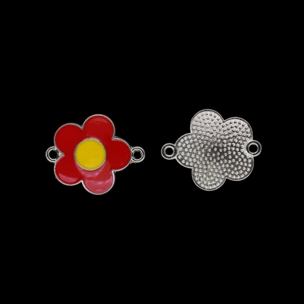 METAL BEADS WITH ENAMEL - CONNECTING ELEMENT WITH 2 RINGS - FLOWER 38 - 24x19x2mm NICKEL AND RED-YELLOW - PACKAGE 40pcs. Hole-1.8mm