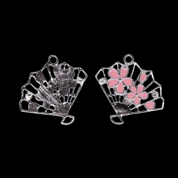 METAL BEADS WITH ENAMEL AND CRYSTALS - UV - PENDANT - FAN WITH FLOWERS 01 - 31x29x2mm NICKEL AND PINK - PACKAGE 25pcs. Hole-2.5mm