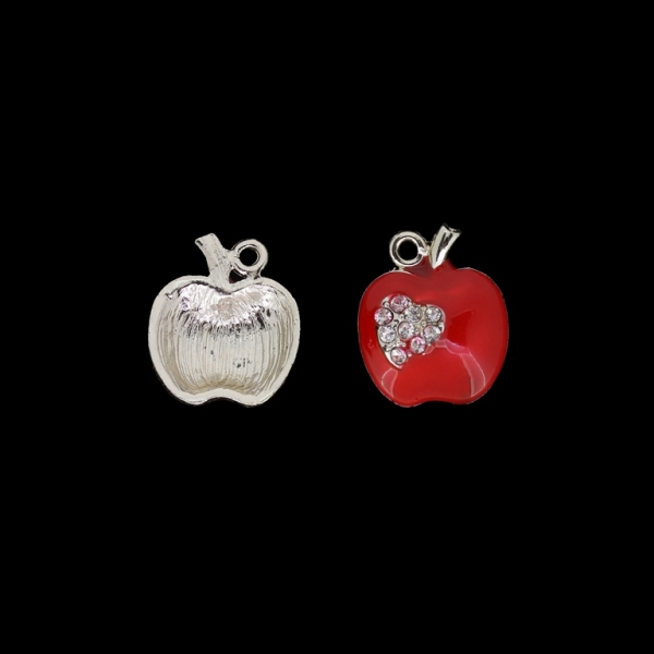 METAL BEADS WITH ENAMEL AND CRYSTALS - UV - PENDANT - APPLE WITH HEART - 17x20x6mm GOLD AND RED - PACKAGE 25pcs. Hole-2.0mm