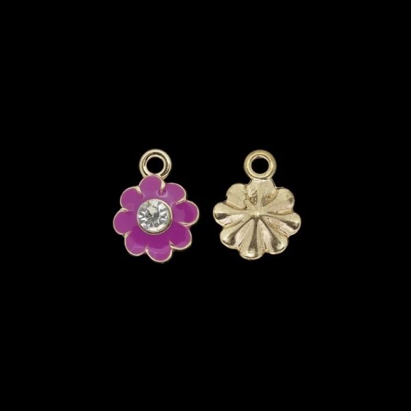 METAL BEADS WITH ENAMEL AND CRYSTALS - PENDANT - FLOWER 26 - 16x21x6mm GOLD AND PURPLE - PACKAGE 30pcs. Hole-3.0mm