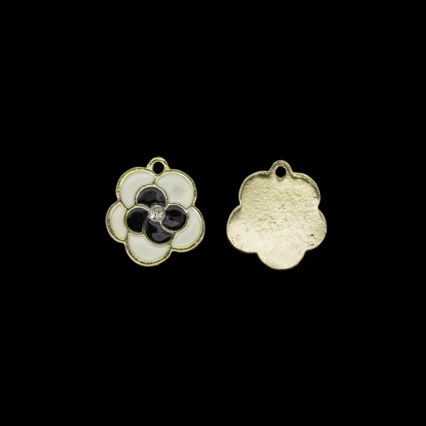 METAL BEADS WITH ENAMEL AND CRYSTALS - PENDANT - FLOWER 28 - 18x19x2mm GOLD AND WHITE-BLACK - 5pcs. Hole-1.8mm