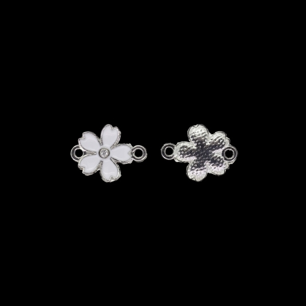 METAL BEADS WITH ENAMEL AND CRYSTALS - CONNECTING ELEMENT WITH 2 RINGS - FLOWER 21 - 18.5x14x2mm NICKEL AND WHITE - PACKAGE 40pcs. Hole-1.8mm