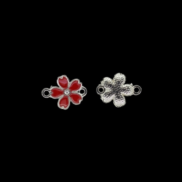 METAL BEADS WITH ENAMEL AND CRYSTALS - CONNECTING ELEMENT WITH 2 RINGS - FLOWER 21 - 18.5x14x2mm NICKEL AND RED - PACKAGE 40pcs. Hole-1.8mm