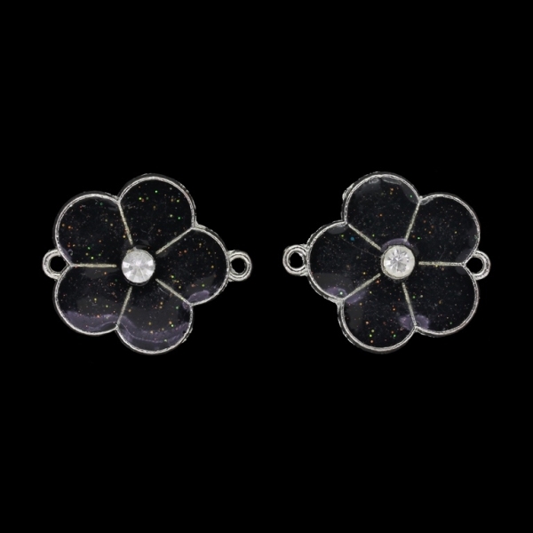 METAL BEADS WITH ENAMEL AND CRYSTALS - CONNECTING ELEMENT WITH 2 RINGS - FLOWER 37 - 29x25x6mm NICKEL AND BROWN (DARK) WITH GLITTER - PACKAGE 20pcs. Hole-2.2mm