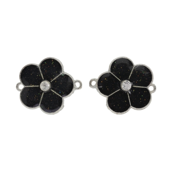 METAL BEADS WITH ENAMEL AND CRYSTALS - CONNECTING ELEMENT WITH 2 RINGS - FLOWER 37 - 29x25x6mm NICKEL AND BROWN (DARK) WITH GLITTER - PACKAGE 20pcs. Hole-2.2mm