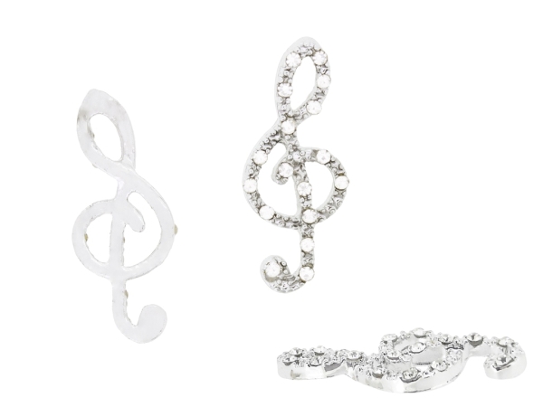 METAL - CHARMS PENDANT WITH HOLDER 1 HOLE UV COATING WITH CRYSTALS - TREBLE CLEF 01 - 10x24x2.5mm SILVER COLOR AND WHITE - PACKAGE 20pcs.