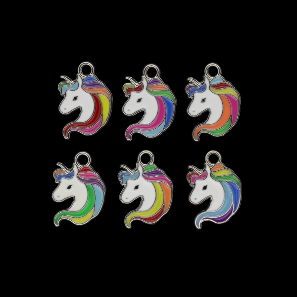 METAL BEADS WITH ENAMEL - PENDANT - UNICORN 03 - 14x19x1mm NICKEL AND WHITE-MIX - 4pcs. Hole-2.3mm