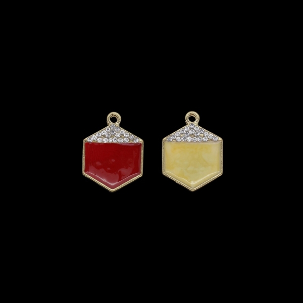 METAL BEADS WITH ENAMEL AND CRYSTALS - PENDANT - HEXAGON 02 - 15x20x2mm GOLD AND MIX RED-ECRU (DARK) - PACKAGE 40pcs. Hole-1.7mm