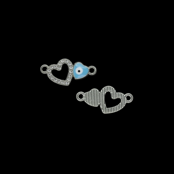 METAL BEADS WITH ENAMEL AND CRYSTALS - CONNECTING ELEMENT WITH 2 RINGS - HEARTS - CONTOUR AND EYE - 25x12x2mm NICKEL AND BLUE (LIGHT) - 3pcs. Hole-1.9mm