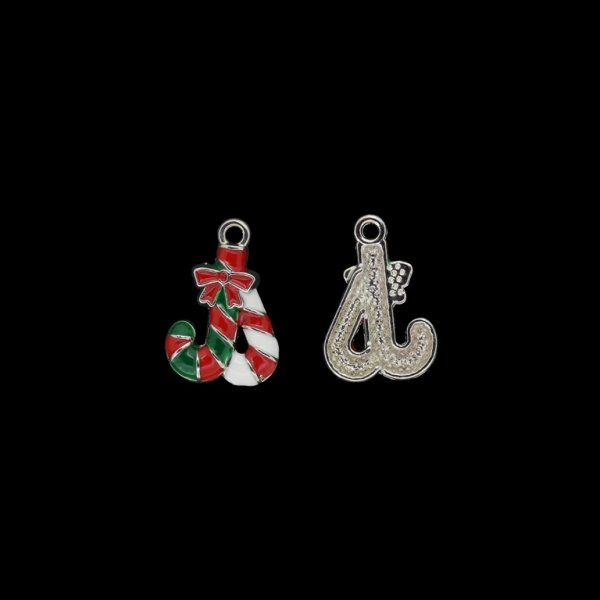 METAL BEADS WITH ENAMEL - PENDANT - CHRISTMAS CANES 01 - 14x20x3mm NICKEL AND GREEN-RED - PACKAGE 40pcs. Hole-1.8mm