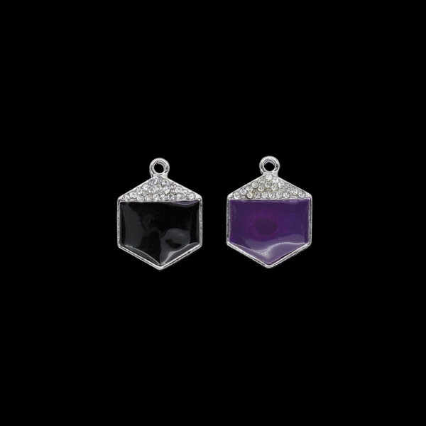 METAL BEADS WITH ENAMEL AND CRYSTALS - PENDANT - HEXAGON 02 - 15x20x2mm NICKEL AND MIX BLACK-PURPLE (DARK) - PACKAGE 40pcs. Hole-1.7mm