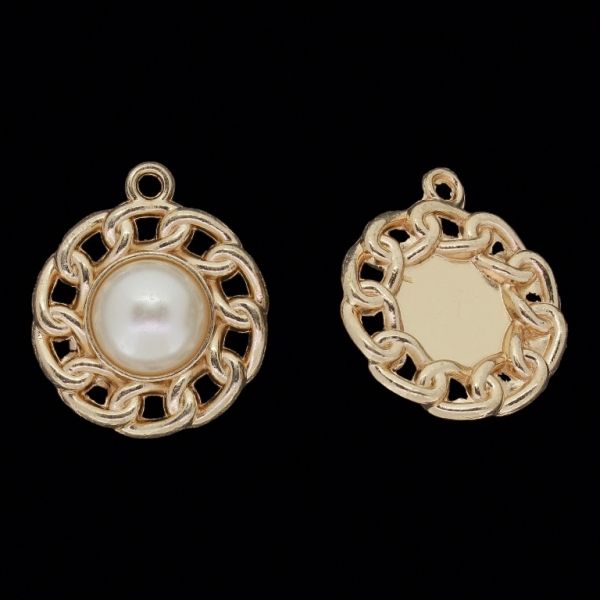 METAL BEADS WITH PEARLS - PENDANT - CIRCLE WITH BRAID - 20x24x7mm GOLD 03 WITH WHITE - 3pcs. Hole-2.2mm